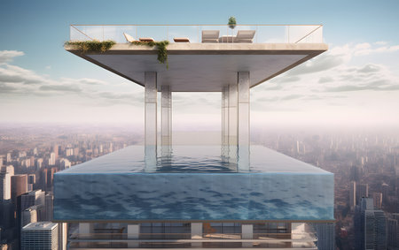 3d rendering of a modern house with a balcony and a swimming poolの素材