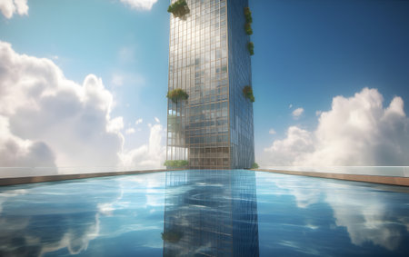 Modern skyscraper with a swimming pool in the foreground. 3d renderingの素材