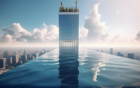 3d render of modern skyscraper with reflection in the water.の素材