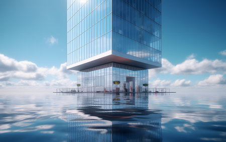 3d render of a modern office building with reflection in the waterの素材