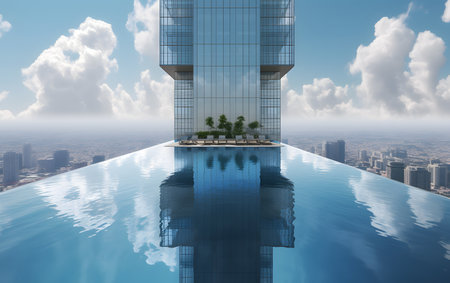 3d render of a modern skyscraper with a small island in the middleの素材