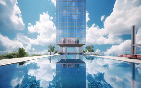 Swimming pool in modern building with blue sky and white clouds.の素材