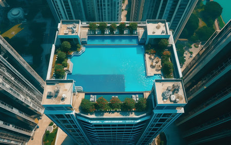 3d illustration of modern building over blue sky with clouds reflected in waterの素材