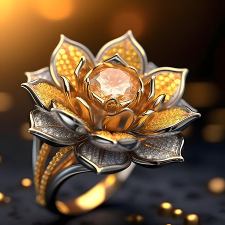 Jewelry ring in the form of a flower on a dark backgroundの素材