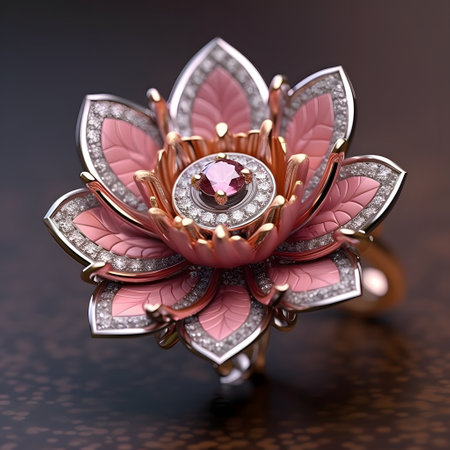 Fashion brooch with precious stones on dark background. 3d illustrationの素材