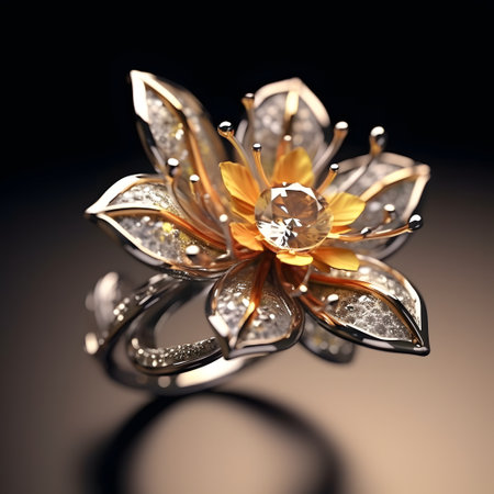 Jewelry ring in the form of a flower on a black backgroundの素材