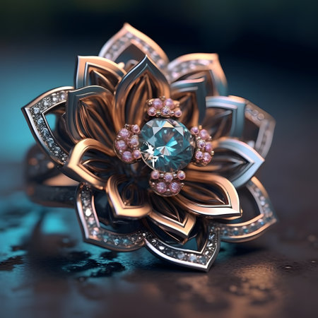 Jewelry brooch with precious stones on a dark background.の素材