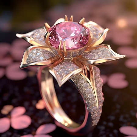 Jewelry ring with pink sapphire. 3d illustrationの素材