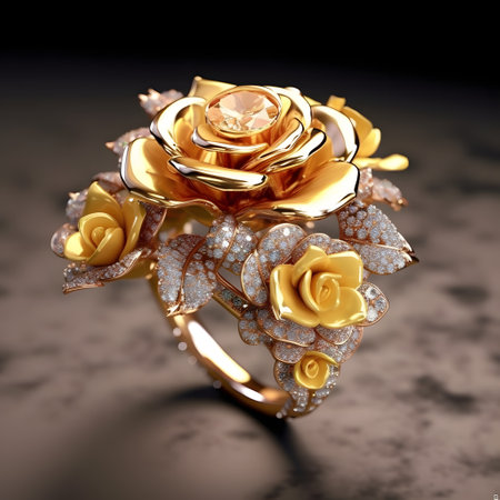 Jewelry ring with gold rose on a black background. 3d renderingの素材