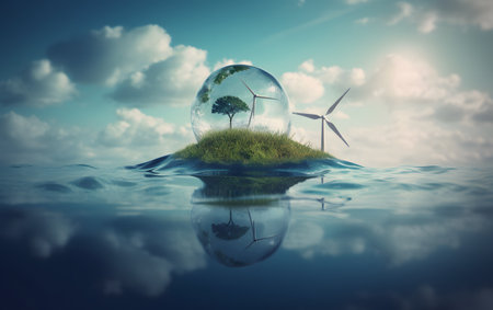 Green planet with wind turbines in water. Ecology concept. 3D Renderingの素材