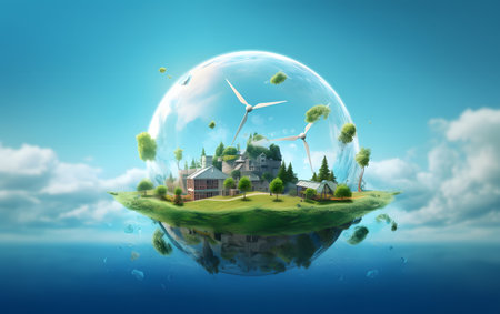 Eco house and wind turbines in a glass sphere. 3D renderingの素材