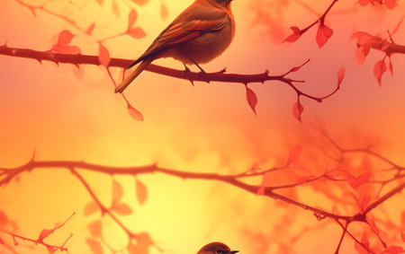 Bird on a branch in the autumn forest at sunset. Shallow depth of fieldの素材