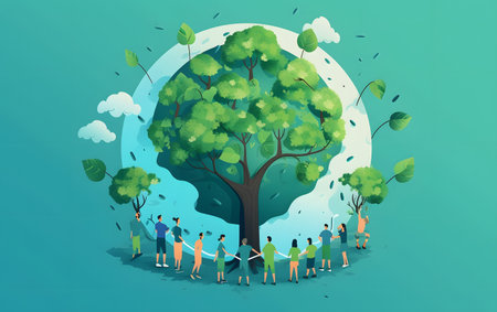 Group of people holding hands and walking around the tree. Vector illustration.の素材