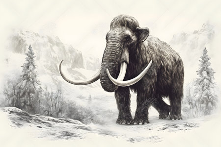 Digital painting of a mammoth in a snowy forest. Hand-drawn illustration.の素材
