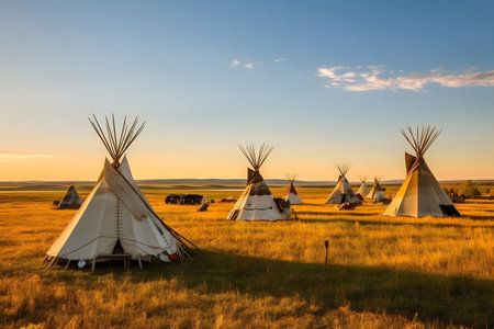 Traditional indian wigwam in the prairie at sunset.の素材