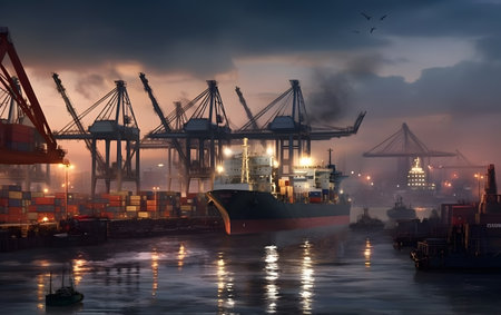 Container Cargo freight ship with working crane bridge at dusk for Logistic Import Export backgroundの素材