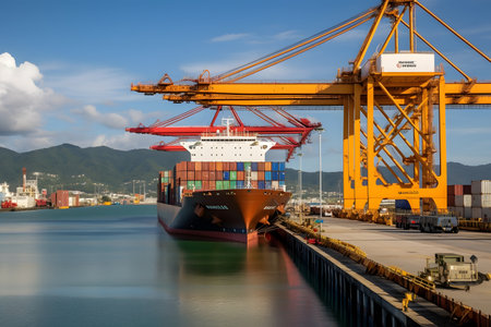 Container Cargo freight ship with working crane bridge in shipyard for Logistic Import Export backgroundの素材