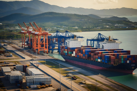 Container Cargo freight ship with working crane bridge for Logistic Import Export backgroundの素材