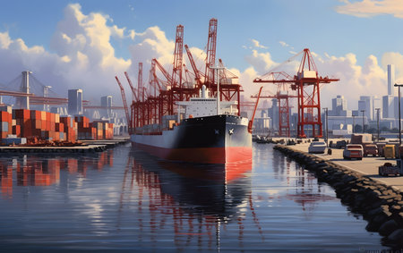 Container Cargo freight ship with working crane bridge in shipyard for Logistic Import Export background.の素材