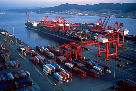 Container Cargo freight ship with working crane bridge for Logistic Import Export backgroundの素材
