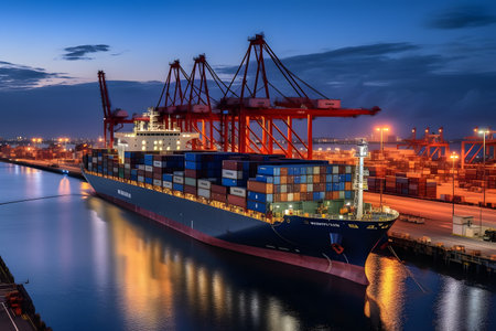 Container Cargo freight ship with working crane bridge at dusk for Logistic Import Export backgroundの素材