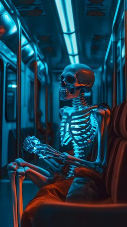 Skeleton in a subway car. Halloween concept. 3d renderingの素材