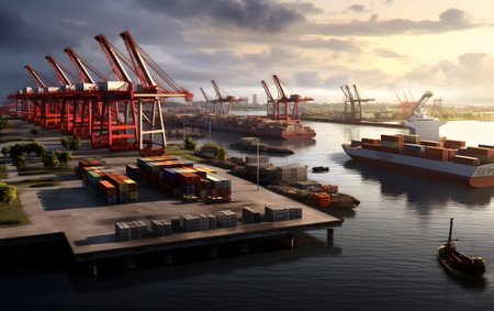 Container terminal with freight ship and cargo cranes. 3d renderingの素材