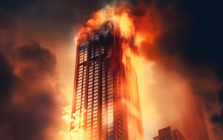 Image of burning building. Mixed media. Mixed media. mixed-mediaの素材