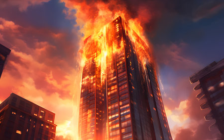 Burning building in the city at sunset. 3D rendering.の素材