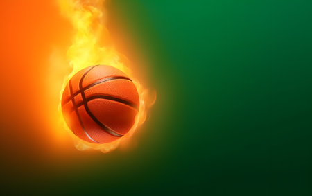 Basketball ball on fire on a green background. 3d illustrationの素材