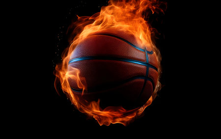 Basketball ball with fire flames isolated on black background. 3d illustrationの素材