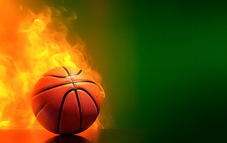 Basketball ball on fire against green background with copy space for textの素材