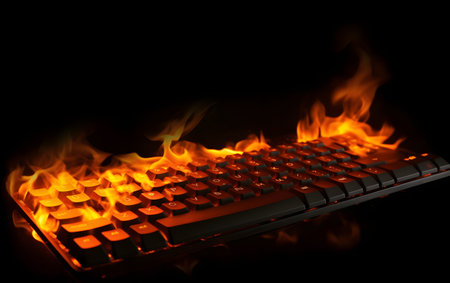 Computer keyboard on a black background with a lot of flames and reflectionsの素材