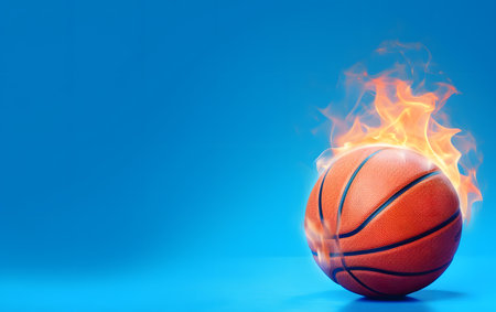 Basketball ball on fire on blue background with copyspace for textの素材