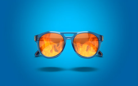 Flaming sunglasses on blue background. 3D rendered illustration.の素材