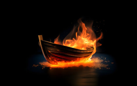 Flaming boat on a dark background. 3d rendering.の素材