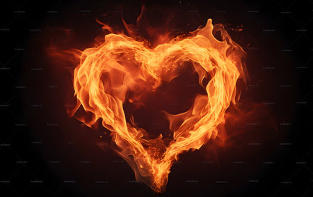 Heart shape made of fire on dark background. 3D rendering.の素材