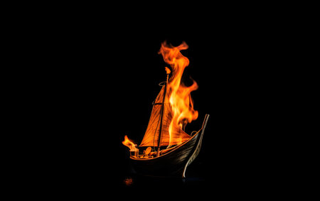 Wooden ship with fire on a black background. Copy-space.の素材