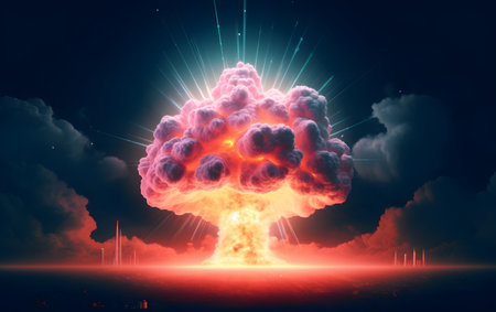 Nuclear explosion in the sky. 3d illustration. Nuclear disaster.の素材