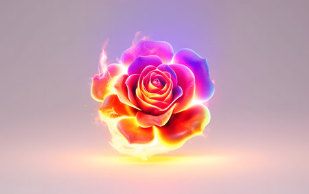 Rose in flames on a white background. 3D rendering. Neon colors.の素材