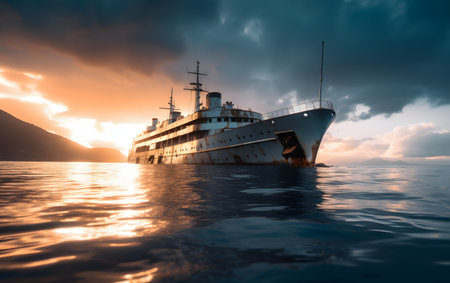 Cruise ship in the sea at sunset. 3d rendering.の素材
