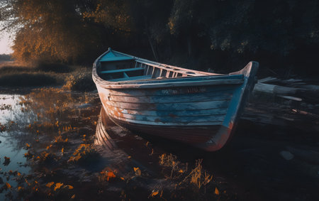 Abandoned fishing boat on the bank of the river at sunsetの素材