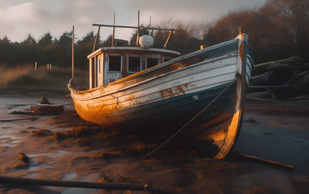 Old fishing boat on the beach at low tide in the evening.の素材