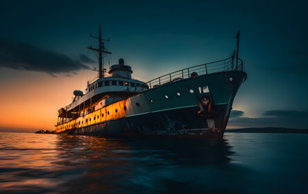 Cruise ship in the sea at sunset. Long exposure shot.の素材