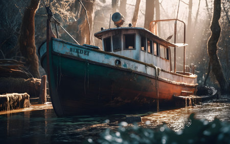 Old fishing boat on the river in foggy morning. Toned.の素材