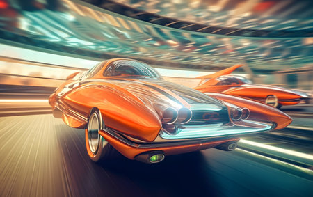 3D rendering of a vintage sports car with motion blurred background.の素材
