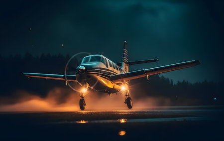 Light aircraft landing on the runway at night. Aircraft in the dark.の素材