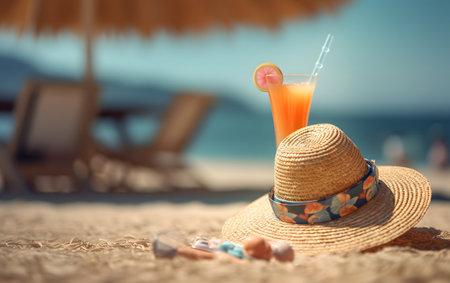 Straw hat and cocktail on the beach. Summer holiday concept.の素材