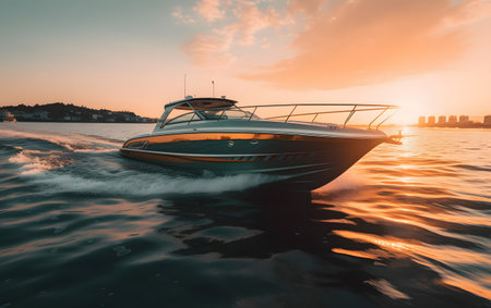 Boat on the sea at sunset. Speedboat on the water.の素材