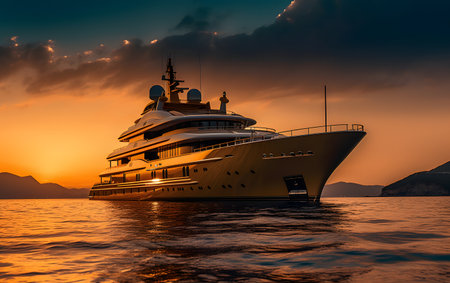 Luxury yacht in the sea at sunset. 3d renderingの素材